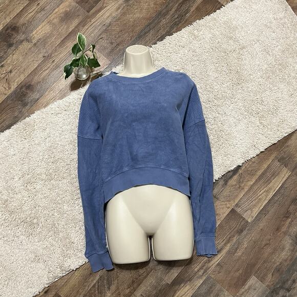 Aerie Small Oversized Washed Blue Ribbed Cropped Crewneck Versatile Sweatshirt - Picture 1 of 5